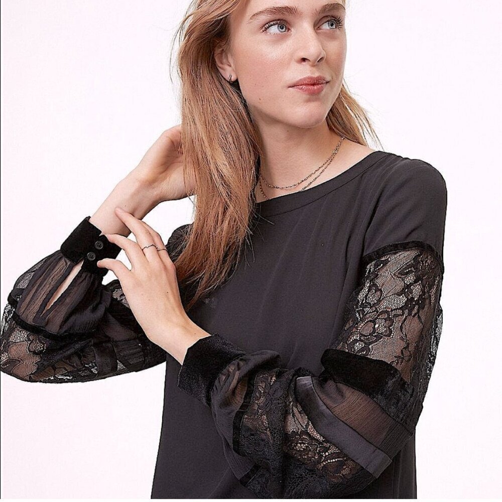 LOFT Black Long Sleeve Blouse with sheer lace and velvet sleeves, Size Small